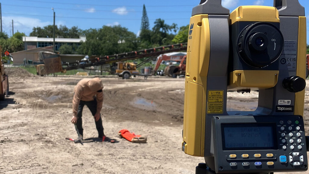 Total station surveying equipment used by Land Roadway Solutions in Sunrise for construction stakeout and site measurement